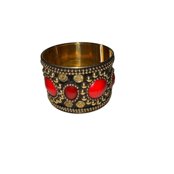 Iris Apfel & Bajalia Gold Cuff Bracelet Red Cabochons Tribal Coin Detailing - Picture 1 of 6